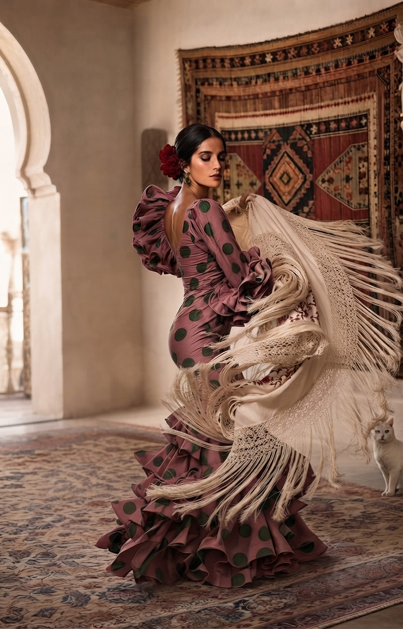 Woman in a polka-dot flamenco dress with a fringed shawl beside a kilim wall hanging, Andaluxia collection